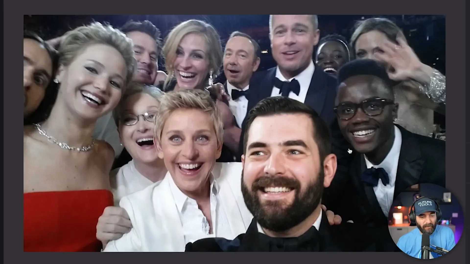 Face swapped into Oscars group selfie using Ideogram