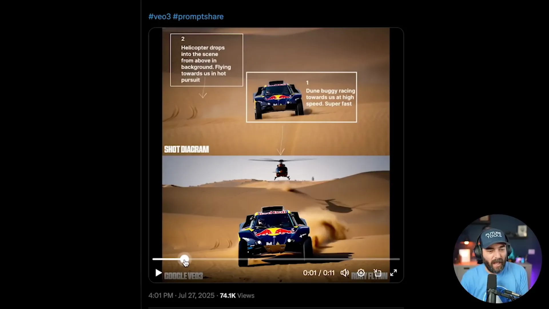 Dune buggy and helicopter video generated by Veo 3